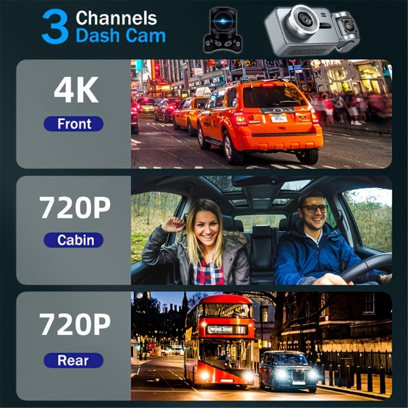 4K Driving Recorder: 3 Lenses 64G Silver - Ultra Wide Angle Night Vision WiFi Dashcam for Car Safety, Parking Monitoring - Image 2