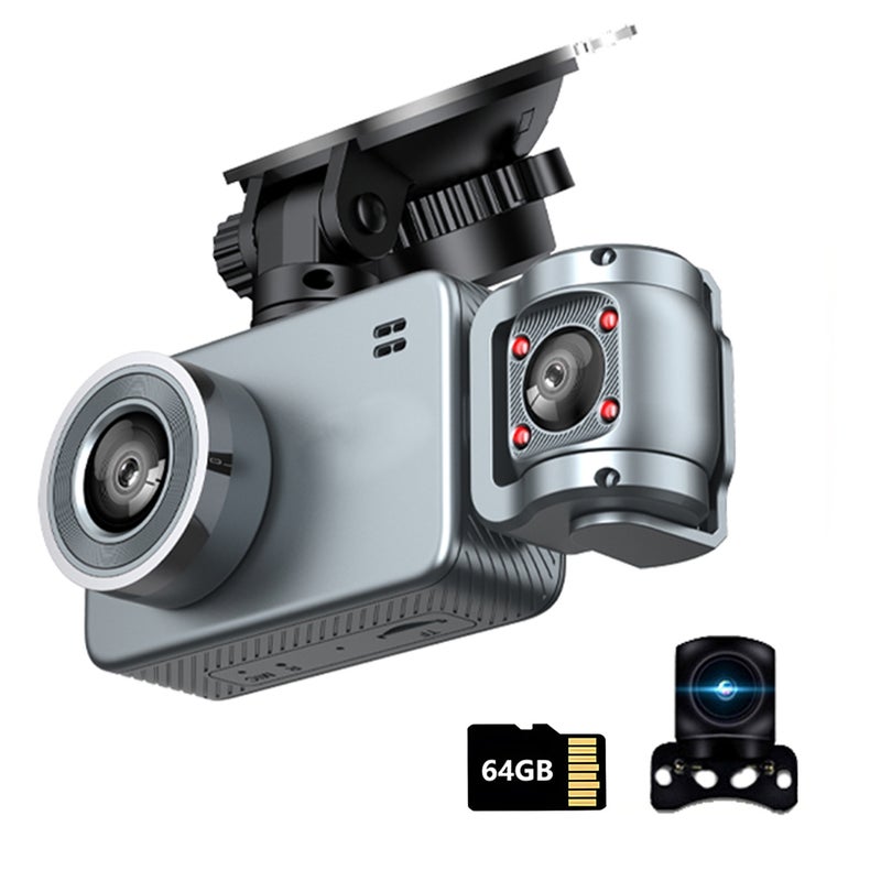 4K Driving Recorder: 3 Lenses 64G Silver - Ultra Wide Angle Night Vision WiFi Dashcam for Car Safety, Parking Monitoring - Image 1