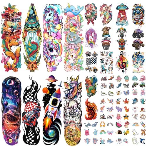 atydkug 52 PCS Kids Full Arm Temporary Tattoos - Rocket Car Dinosaur Planet Astronaut & Dolphin Castle Cat Body Tattoos Stickers for Boys & Girls, Party Supplies Gifts - Image 1