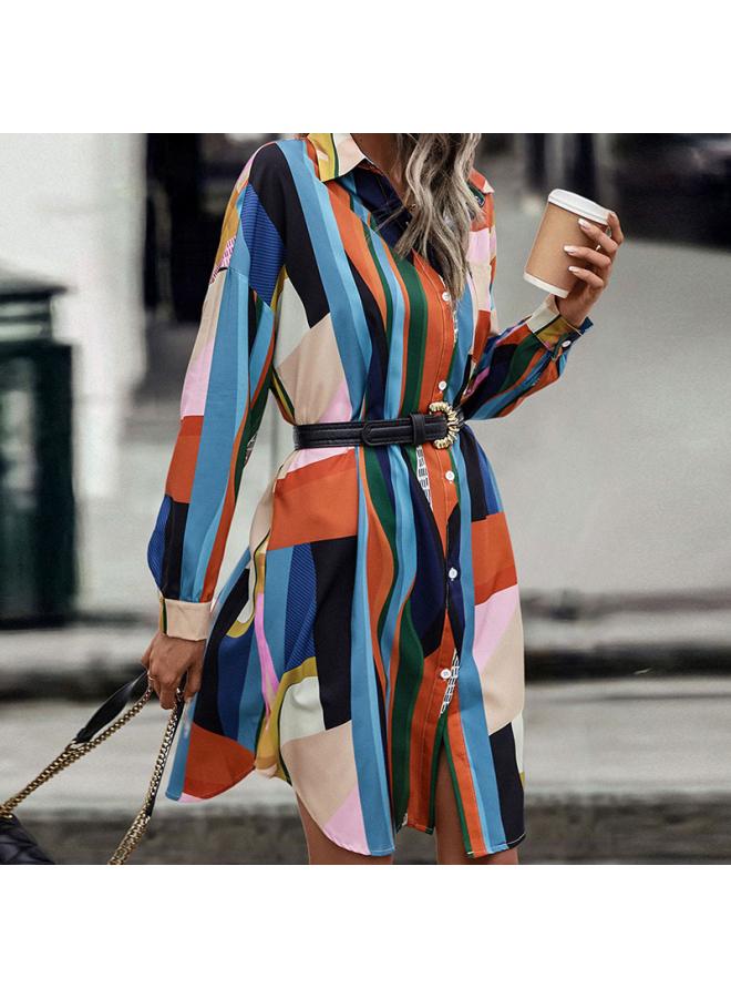 Strict Selection Of Independent Station Autumn New Fashion Women's Color Matching Lapel Temperament Long Shirt Skirt
