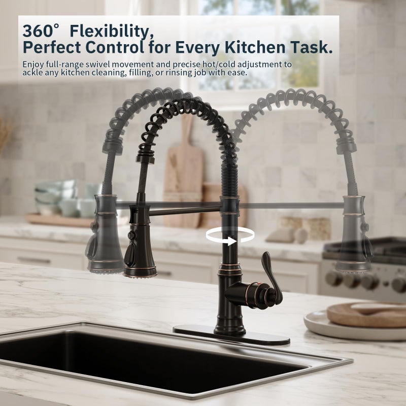BWE Solid Brass Kitchen Faucet 1 or 3 Hole, Oil Rubbed Bronze Kitchen Sink Faucet with Pull Down Sprayer, Single Handle High Arc Faucet with 3 Mode Spray for RV Farmhouse Bar Kitchen - Image 5