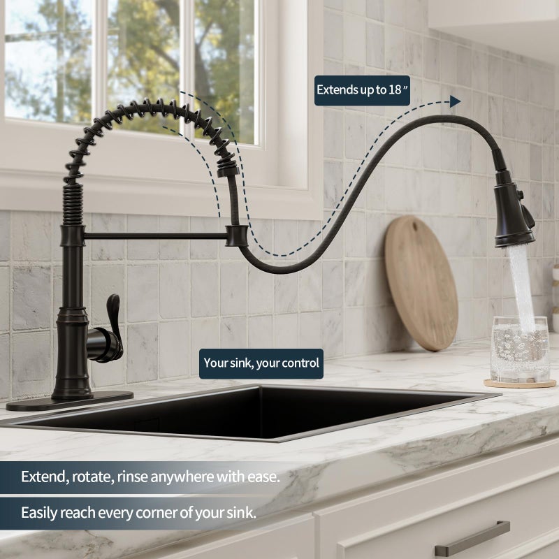 BWE Solid Brass Kitchen Faucet 1 or 3 Hole, Oil Rubbed Bronze Kitchen Sink Faucet with Pull Down Sprayer, Single Handle High Arc Faucet with 3 Mode Spray for RV Farmhouse Bar Kitchen - Image 4