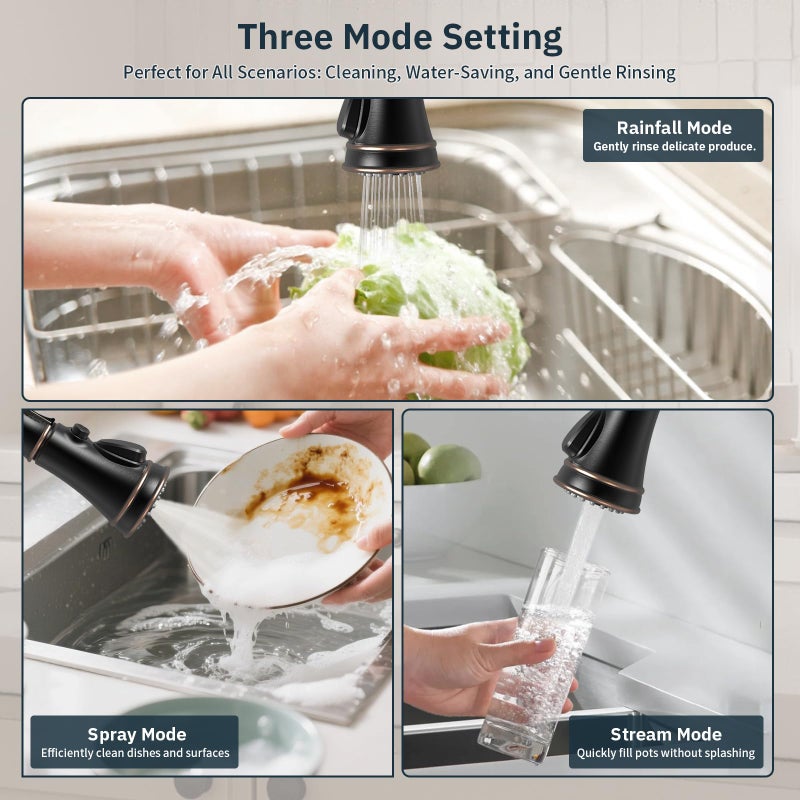 BWE Solid Brass Kitchen Faucet 1 or 3 Hole, Oil Rubbed Bronze Kitchen Sink Faucet with Pull Down Sprayer, Single Handle High Arc Faucet with 3 Mode Spray for RV Farmhouse Bar Kitchen - Image 3