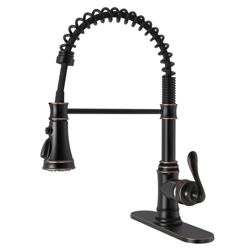 BWE Solid Brass Kitchen Faucet 1 or 3 Hole, Oil Rubbed Bronze Kitchen Sink Faucet with Pull Down Sprayer, Single Handle High Arc Faucet with 3 Mode Spray for RV Farmhouse Bar Kitchen - Image 1