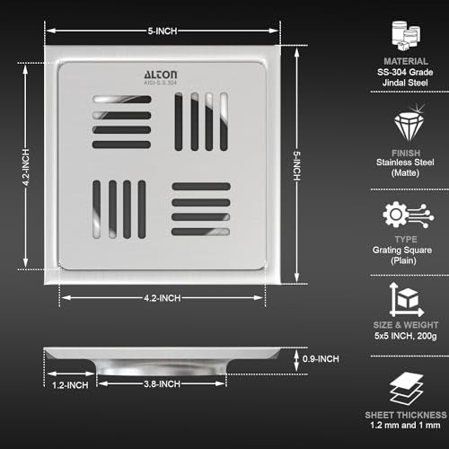 ALTON ALD1001, SS-304 Grade, 5x5 INCH Plain, Bathroom Grating Square Floor Drain Jali, Matte - Image 2