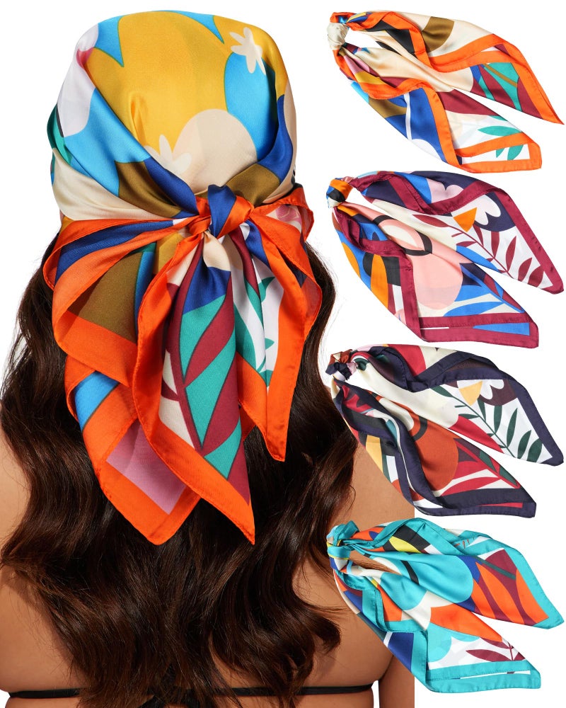 CHLINS 4 PCS 27.5 Inches Satin Head Scarf Silk Scarf for Women Lightweight Hair Bandanas Head Scarves Neck Scarf Hair Wrap (Green+Black+Brown+Orange) - Image 1