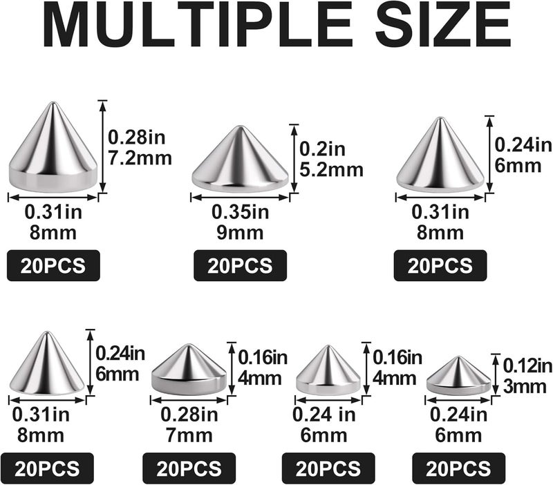 OIIKI 140PCS ABS Bullet Spike Cone Studs 7 Styles Rivets Cone Spike Studs Beads Flat Back Punk Spikes DIY Crafts Studs Glue on Decoration for Leather Clothes Belt Bags Jewelry Trims  Silver - Image 2