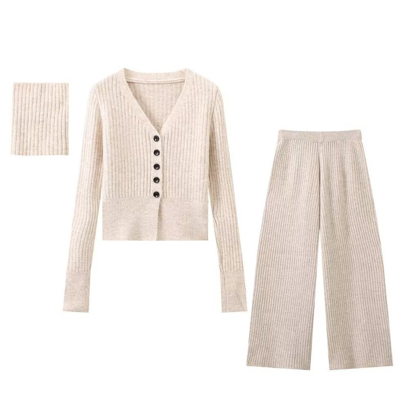 ZA cross-border womens clothing wholesale European and American style new fashion knitted cardigan jacket scarf pants three-piece set Off-white three piece set