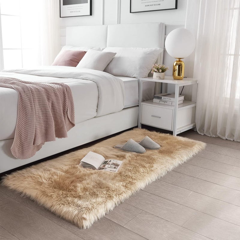 SERISSA Soft Fluffy Rug Beige Faux Sheepskin Fur Rug Shaggy Area Rug for Bedroom Floor Living Room 3x5 Feet - Image 2
