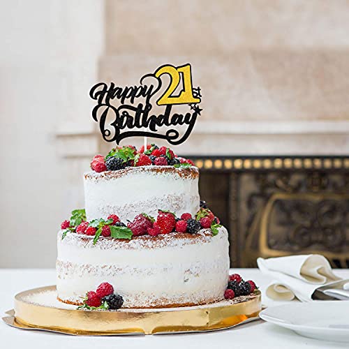 Festiko®Happy 21st Birthday Cake Topper - Black Glitter 21st Cake Topper Birthday Decorations - Hello 21-21 & Fabulous Cake Supplies - Image 2