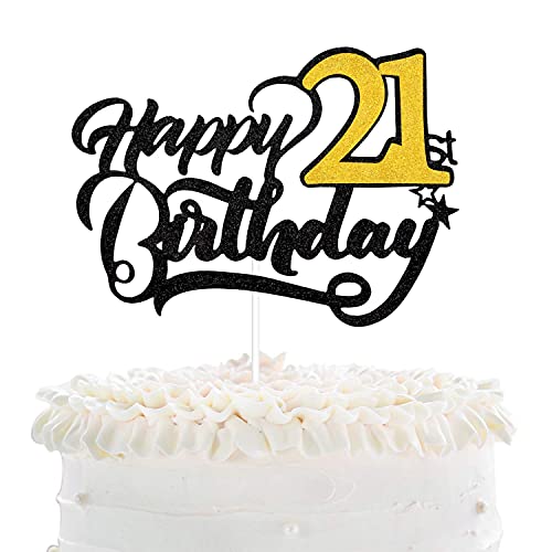 Festiko®Happy 21st Birthday Cake Topper - Black Glitter 21st Cake Topper Birthday Decorations - Hello 21-21 & Fabulous Cake Supplies - Image 1