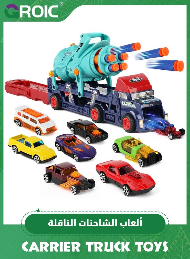 GROIC Car Carrier Truck Toys, Truck Launcher Toys, Soft Bullet Launcher Gun, 4 in 1 Transport Truck Carrier Launcher Toys with 8 Alloy Car, Lights  Sounds, Carrier Truck Toy Ideal Gift for Boys Girls - Image 1
