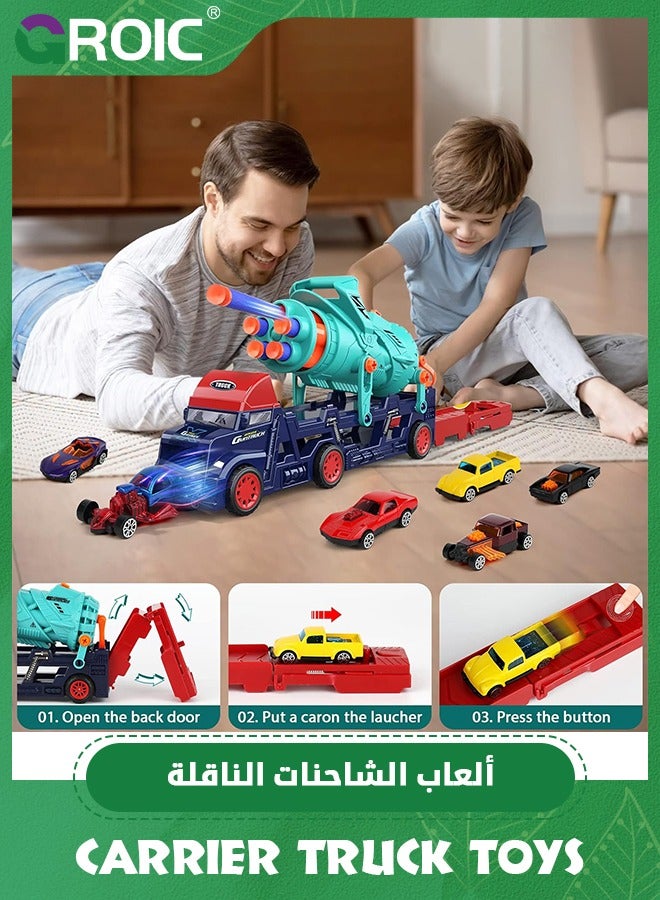 GROIC Car Carrier Truck Toys, Truck Launcher Toys, Soft Bullet Launcher Gun, 4 in 1 Transport Truck Carrier Launcher Toys with 8 Alloy Car, Lights  Sounds, Carrier Truck Toy Ideal Gift for Boys Girls - Image 3