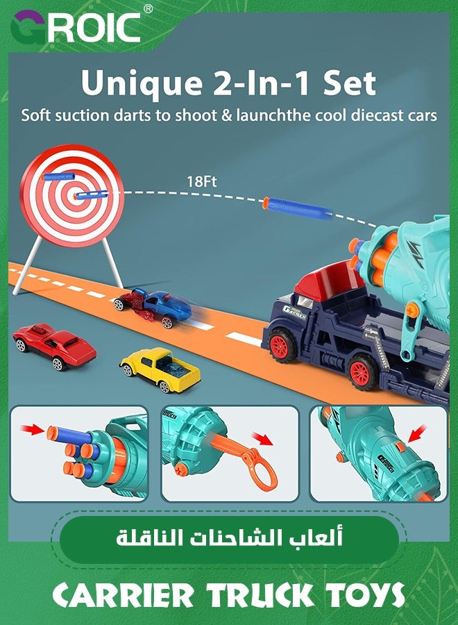 GROIC Car Carrier Truck Toys, Truck Launcher Toys, Soft Bullet Launcher Gun, 4 in 1 Transport Truck Carrier Launcher Toys with 8 Alloy Car, Lights  Sounds, Carrier Truck Toy Ideal Gift for Boys Girls - Image 2