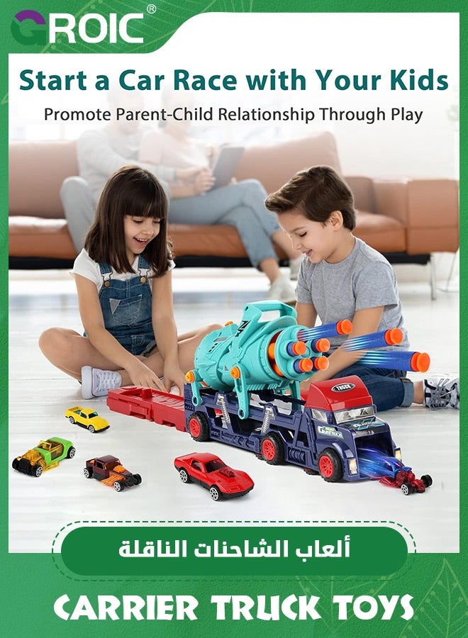 GROIC Car Carrier Truck Toys, Truck Launcher Toys, Soft Bullet Launcher Gun, 4 in 1 Transport Truck Carrier Launcher Toys with 8 Alloy Car, Lights  Sounds, Carrier Truck Toy Ideal Gift for Boys Girls - Image 4