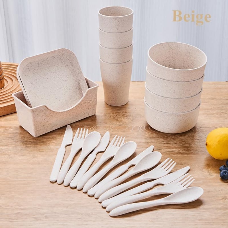 OriGlam 25pcs Plates and Bowls Sets Dinnerware Sets Plastic Picnic Party Camping Dinner Sets Dishes Set Plates Mugs Bowls Dishes Cutlery Set Microwave Safe Beige - Image 2