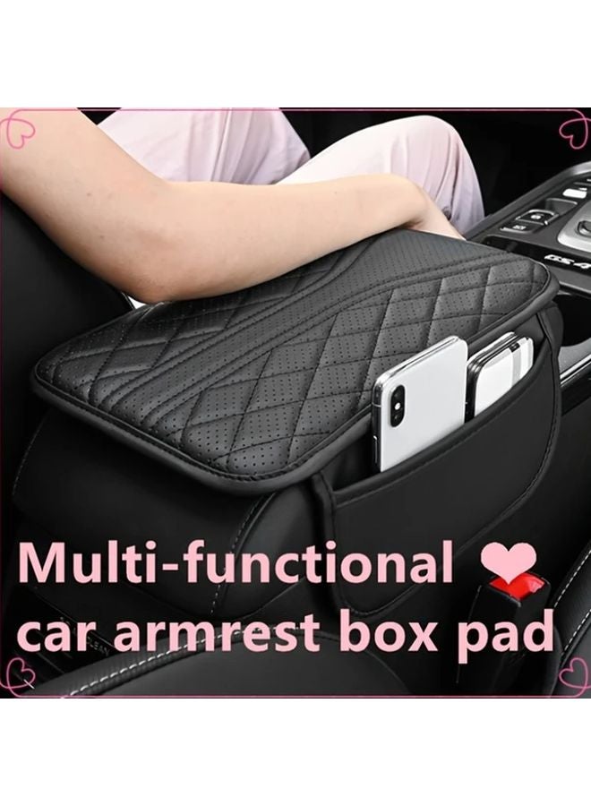 Red Embroidered Perforated Car Armrest Cover with Side Pockets Ergonomic Elbow Pad - Image 2