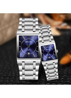 HALEI HALEI 2-Piece Luxury Couple Watches Silver Tone Stainless Steel Quartz Calendar Wristwatch Rhinestone His and Her Watch Set  - Image 1