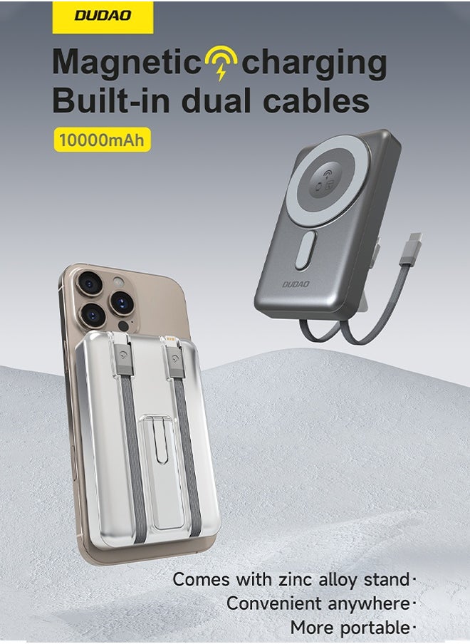 DUDAO - 10000mAh Magnetic Wireless Power Bank with Built-in Lightning & Type-C Cables, 20W PD Fast Charging, 4 Outputs, Zinc Alloy Kickstand, Magsafe Compatible, for iPhone, Android, AirPods, Apple Watch - Image 1