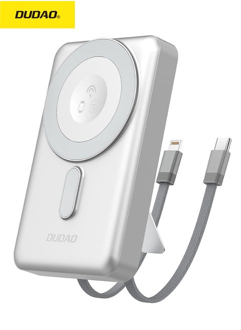 10000mAh Magnetic Wireless Power Bank with Built-in Lightning & Type-C Cables, 20W PD Fast Charging, 4 Outputs, Zinc Alloy Kickstand, Magsafe Compatible, for iPhone, Android, AirPods, Apple Watch