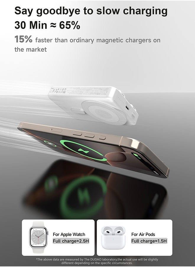 DUDAO - 10000mAh Magnetic Wireless Power Bank with Built-in Lightning & Type-C Cables, 20W PD Fast Charging, 4 Outputs, Zinc Alloy Kickstand, Magsafe Compatible, for iPhone, Android, AirPods, Apple Watch - Image 1