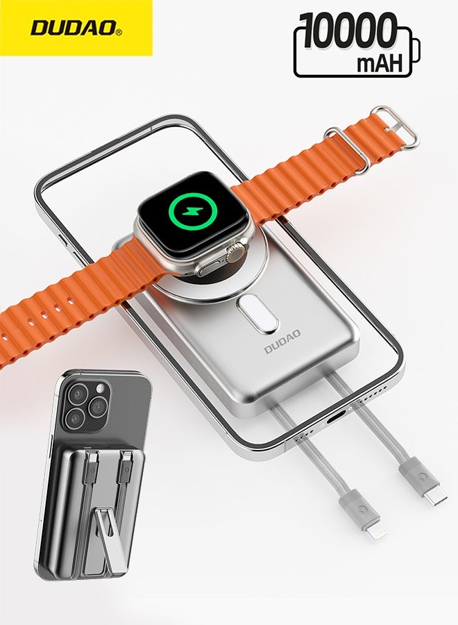DUDAO 10000mAh Magnetic Wireless Power Bank with Built-in Lightning & Type-C Cables, 20W PD Fast Charging, 4 Outputs, Zinc Alloy Kickstand, Magsafe Compatible, for iPhone, Android, AirPods, Apple Watch  - Image 1