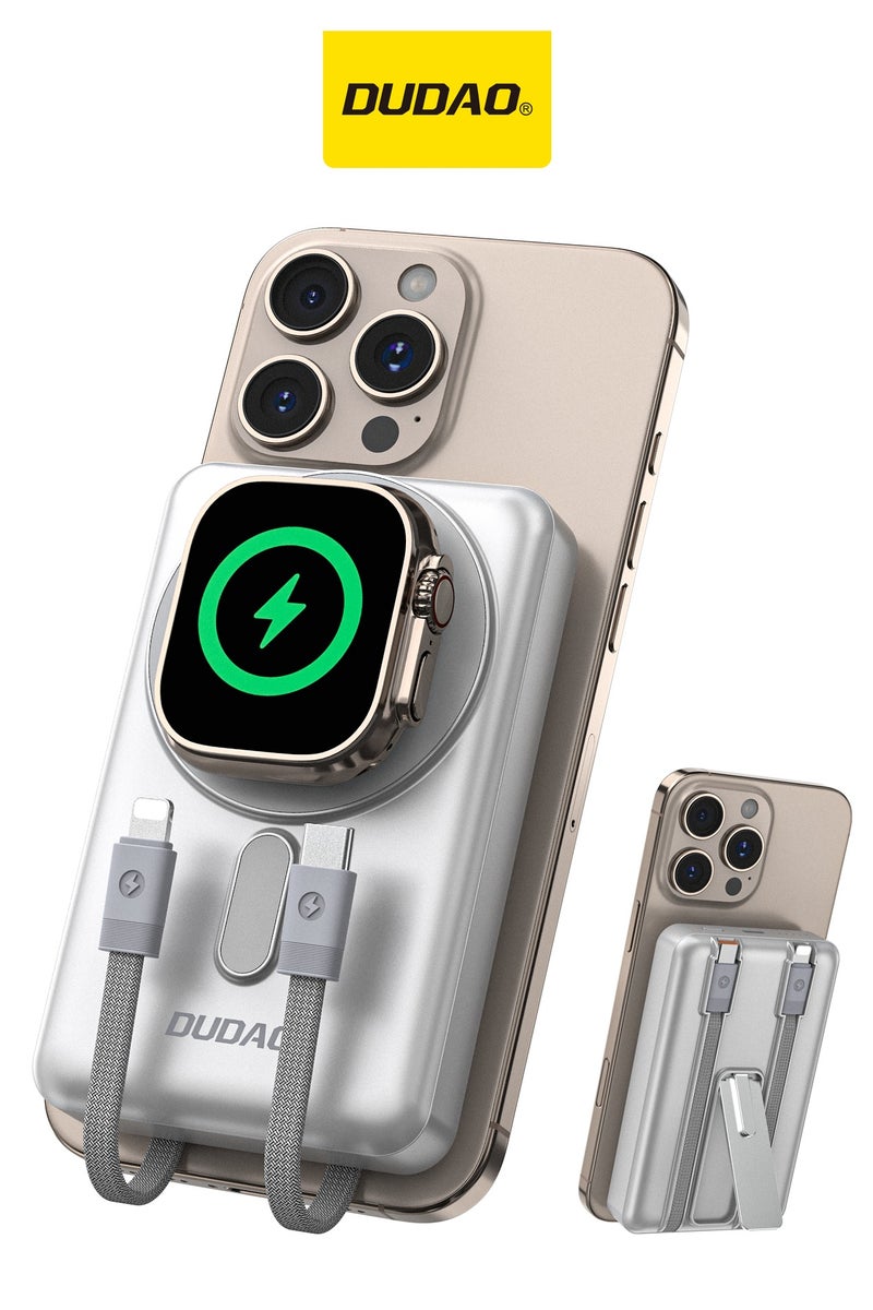 DUDAO 10000mAh Magnetic Wireless Power Bank with Built-in Lightning & Type-C Cables, 20W PD Fast Charging, 4 Outputs, Zinc Alloy Kickstand, Magsafe Compatible, for iPhone, Android, AirPods, Apple Watch - Image 1