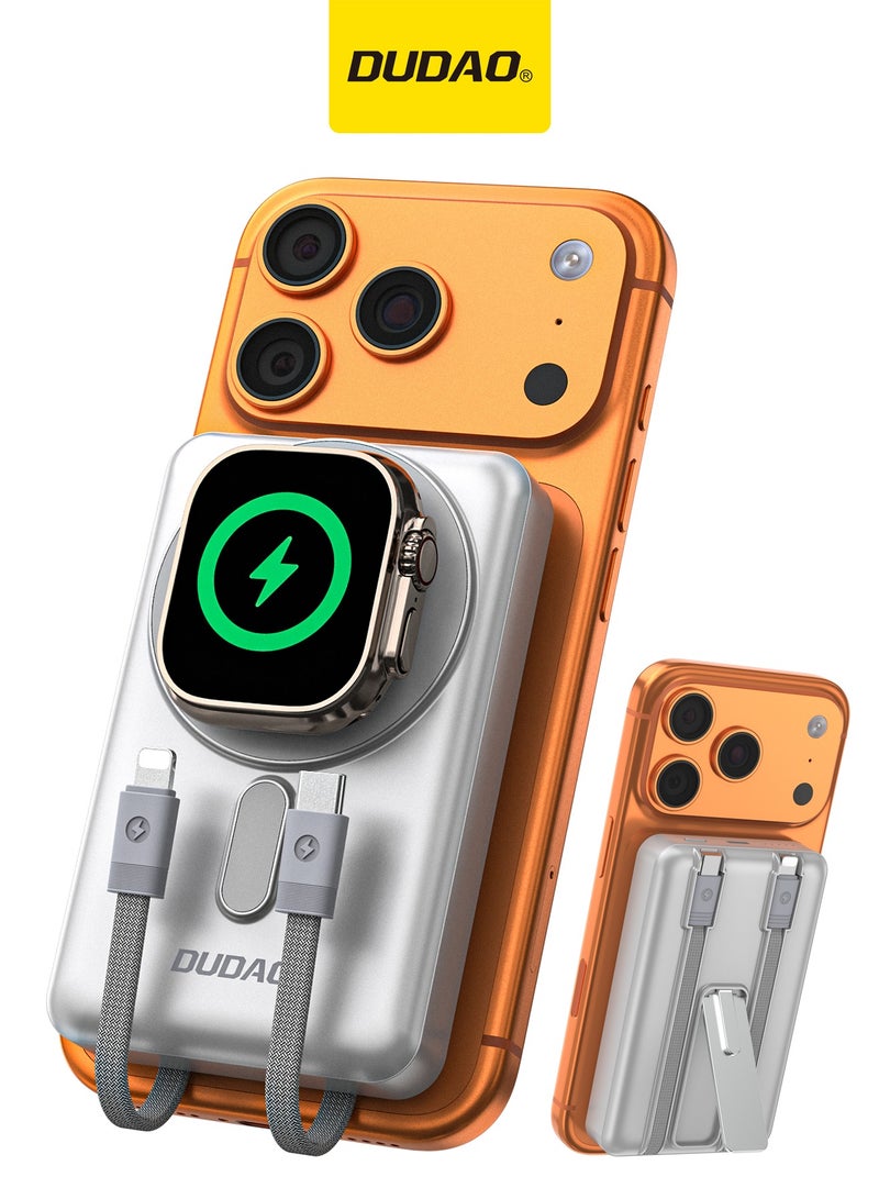 DUDAO 10000mAh Magnetic Wireless Power Bank with Built-in Lightning & Type-C Cables, 20W PD Fast Charging, 4 Outputs, Zinc Alloy Kickstand, Magsafe Compatible, for iPhone, Android, AirPods, Apple Watch - Image 1