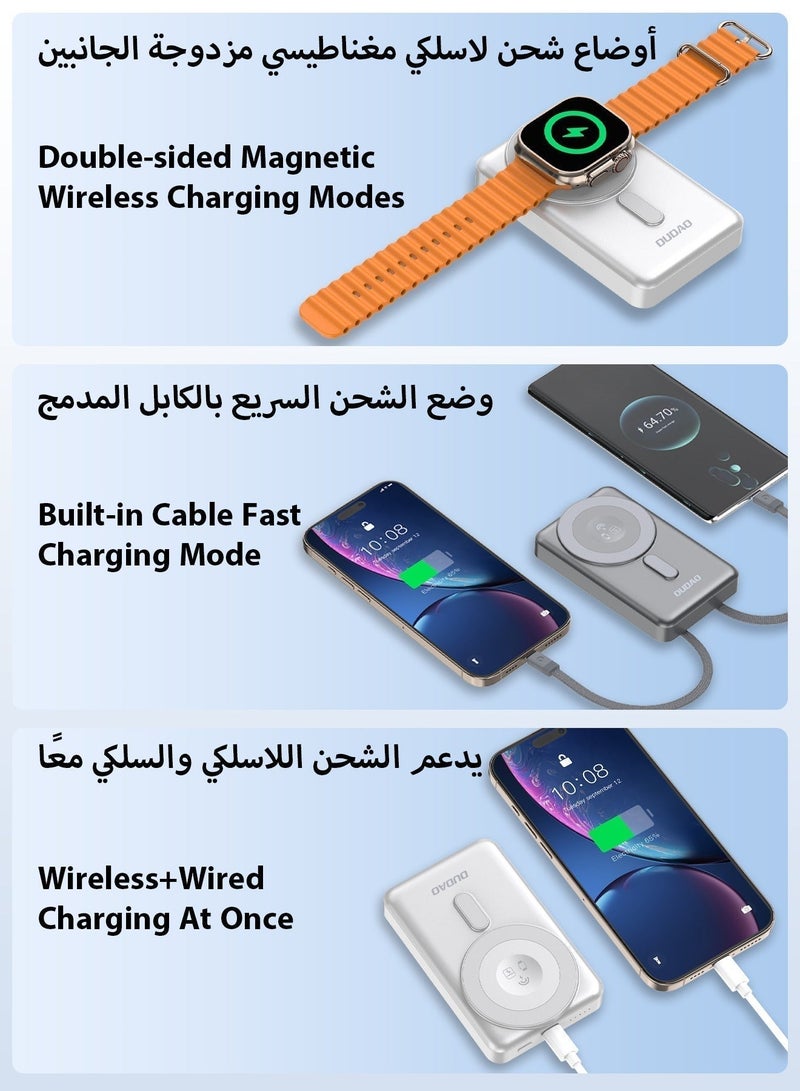 DUDAO 10000mAh Magnetic Wireless Power Bank with Built-in Lightning & Type-C Cables, 20W PD Fast Charging, 4 Outputs, Zinc Alloy Kickstand, Magsafe Compatible, for iPhone, Android, AirPods, Apple Watch - Image 5