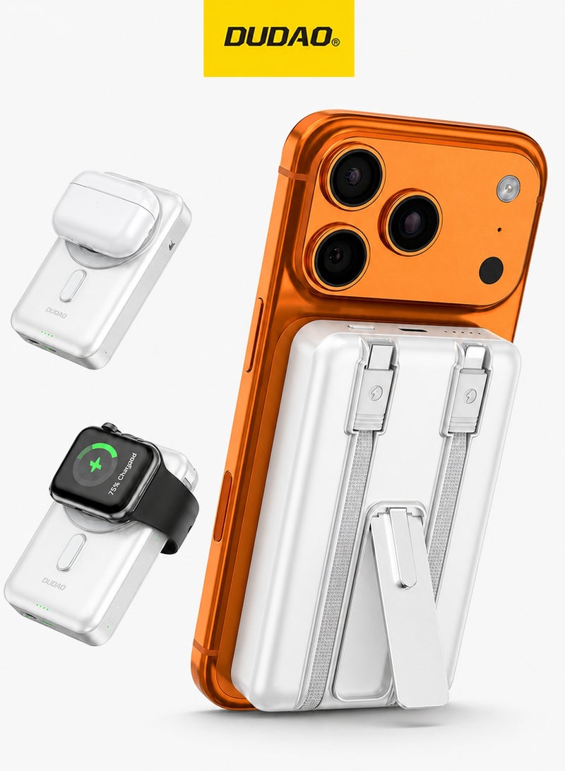 DUDAO 10000mAh Magnetic Wireless Power Bank with Built-in Lightning & Type-C Cables, 20W PD Fast Charging, 4 Outputs, Zinc Alloy Kickstand, Magsafe Compatible, for iPhone, Android, AirPods, Apple Watch - Image 1