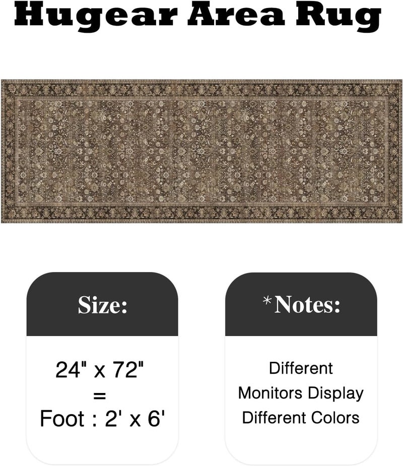 HUGEAR 2x6 Runner Rug Machine Washable Brown Hallway Area Rugs Indoor Accent Rugs Floral Low Pile Carpet Distressed Throw Rug Bedroom Living Room Office Dining Kitchen Laundry Non Slip - Image 2