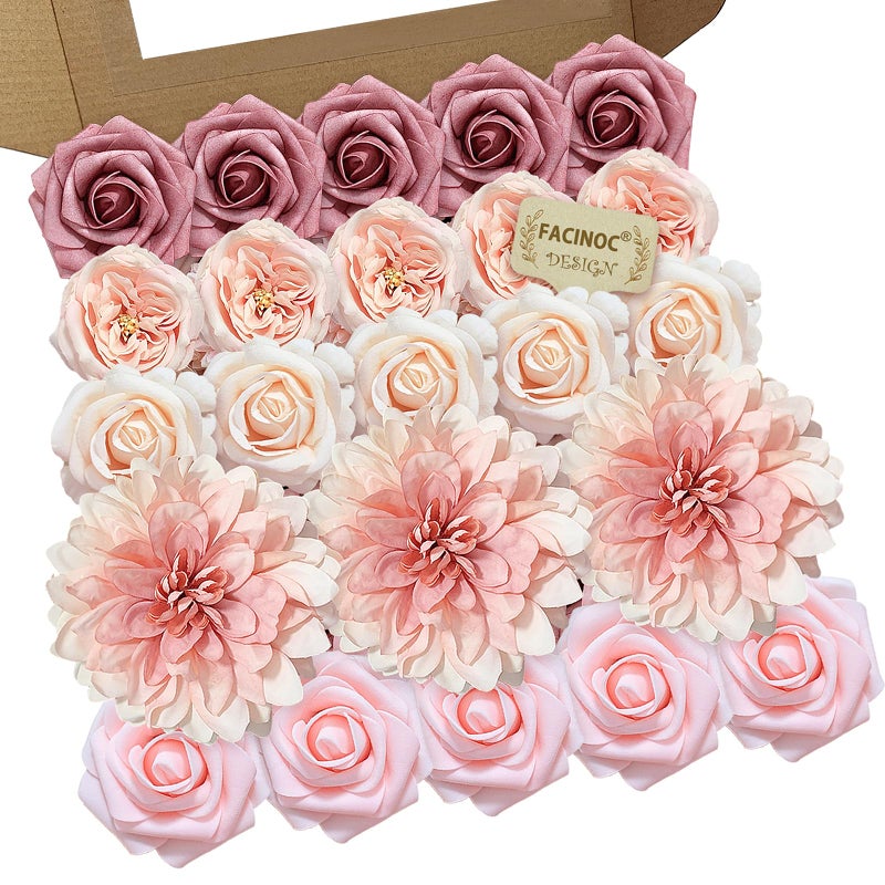 FACINOC Pink Roses Artificial Flowers Fake Flower Bulk for DIY Wedding Bouquet Bridal Baby Shower Centerpiece Table Decorations Silk Faux Floral Arrangements for Party Home Decor Indoor Dusty Blush - Image 1