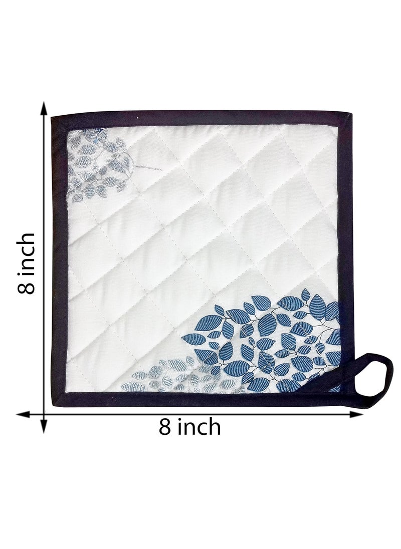 Miyanbazaz Textiles Miyanbazaz Textiles 100 Cotton Set of 4 Pot Holders 8 by 8 BlueSilver Leaf Printed  - Image 3