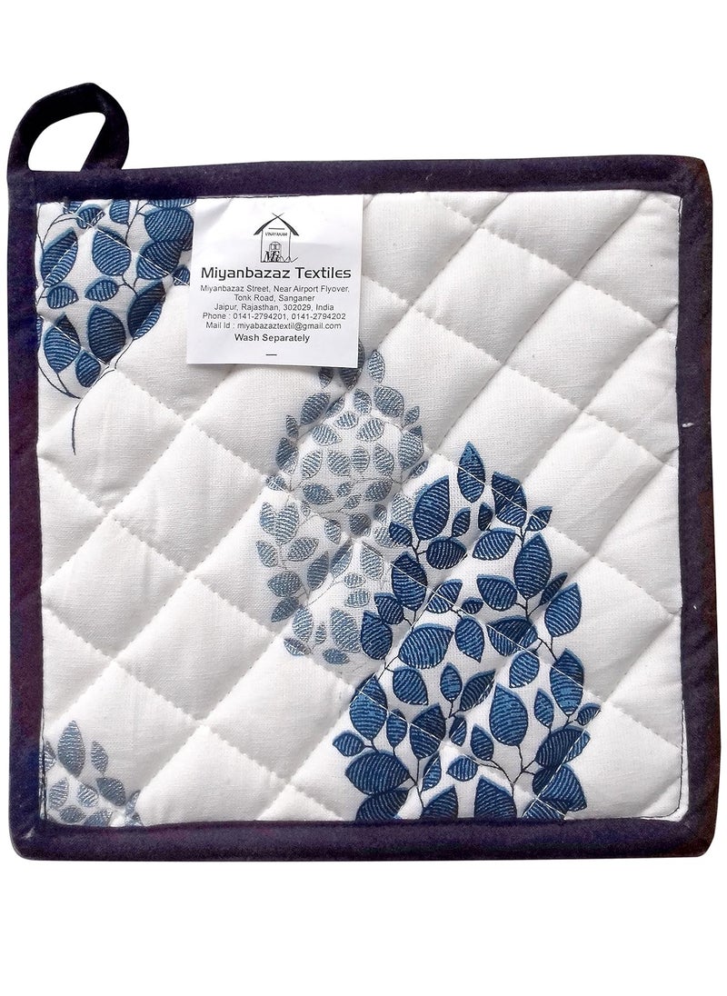Miyanbazaz Textiles Miyanbazaz Textiles 100 Cotton Set of 4 Pot Holders 8 by 8 BlueSilver Leaf Printed  - Image 2