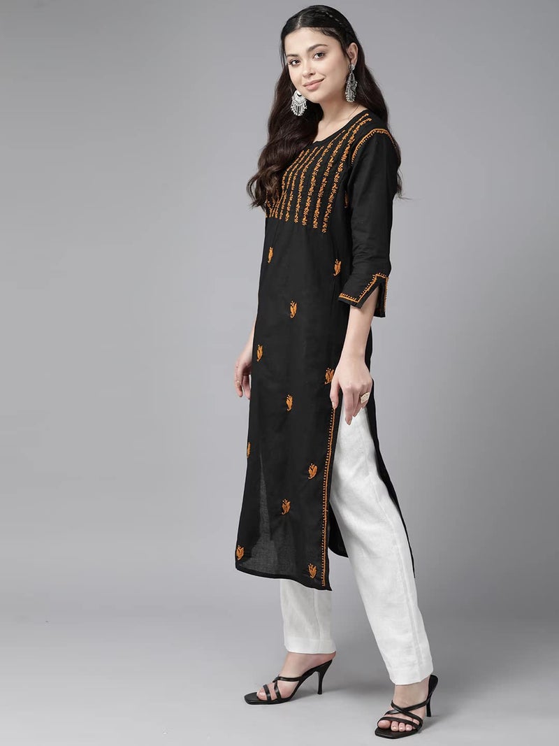 Ada Hand Embroidered Lucknow Chikankari Straight Cotton Black Kurta Kurti Tunic for Women A411437 (L) - Image 5