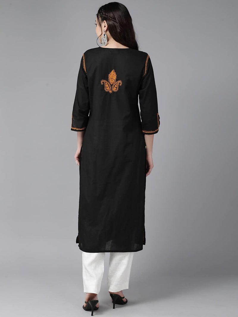 Ada Hand Embroidered Lucknow Chikankari Straight Cotton Black Kurta Kurti Tunic for Women A411437 (L) - Image 2
