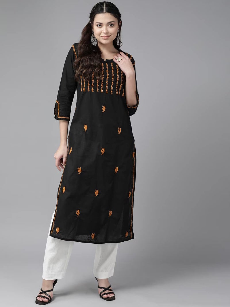 Ada Hand Embroidered Lucknow Chikankari Straight Cotton Black Kurta Kurti Tunic for Women A411437 (L) - Image 4