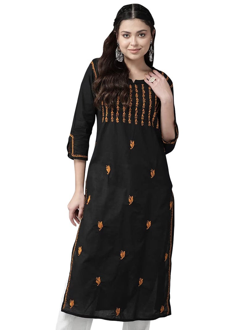 Ada Hand Embroidered Lucknow Chikankari Straight Cotton Black Kurta Kurti Tunic for Women A411437 (L) - Image 1