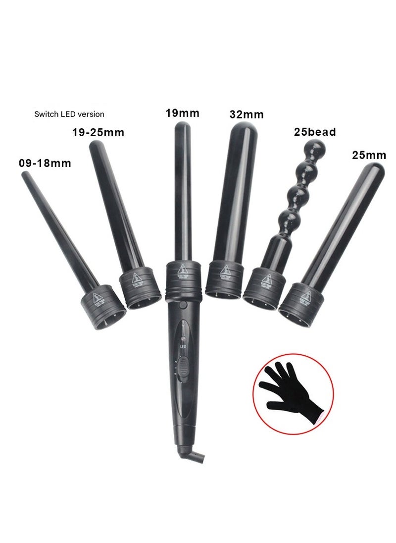 أم أتش دي مجموعة مكواة تجعيد الشعر 6 في 1 مع تحكم في درجة الحرارة متعدد السرعات LED (مع قفازات واقية) باللون الأسود  - Image 1