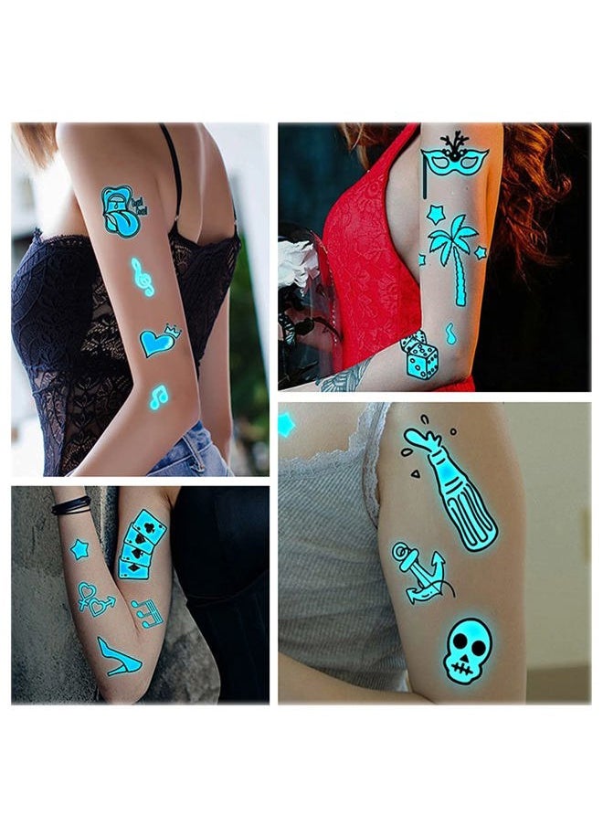 HinchJone Neon Tattoo Stickers Black Lights for Glow Party Blue Luminous Temporary Tattoos 12 Sheets UV Jewellery Body Shimmer Fake Skin Tattoo for Women Girls Body Face Art Accessories  - Image 2