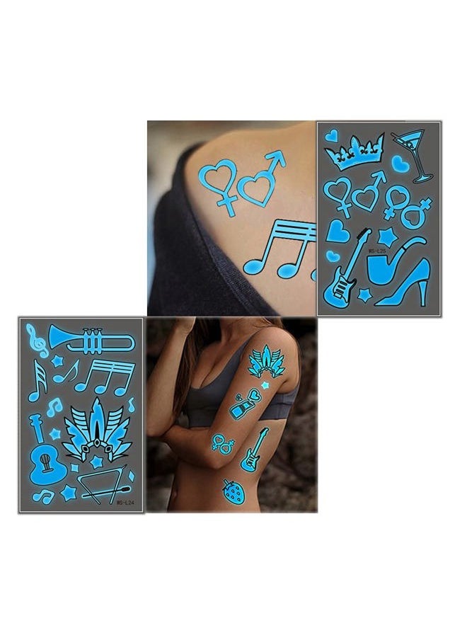 HinchJone Neon Tattoo Stickers Black Lights for Glow Party Blue Luminous Temporary Tattoos 12 Sheets UV Jewellery Body Shimmer Fake Skin Tattoo for Women Girls Body Face Art Accessories  - Image 4