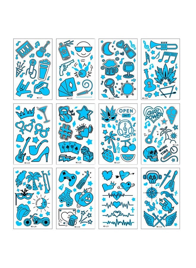 HinchJone Neon Tattoo Stickers Black Lights for Glow Party Blue Luminous Temporary Tattoos 12 Sheets UV Jewellery Body Shimmer Fake Skin Tattoo for Women Girls Body Face Art Accessories  - Image 5