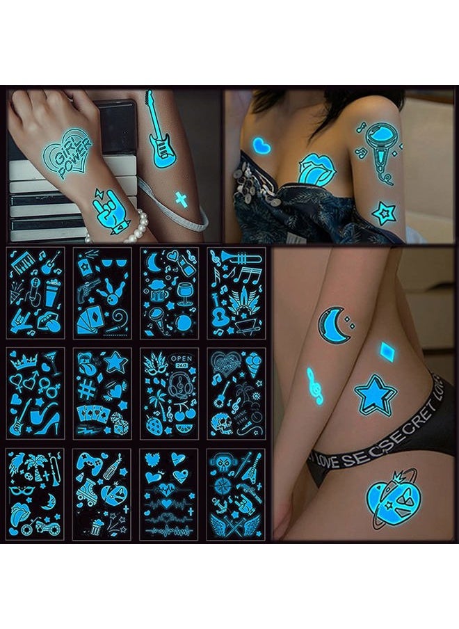 HinchJone Neon Tattoo Stickers Black Lights for Glow Party Blue Luminous Temporary Tattoos 12 Sheets UV Jewellery Body Shimmer Fake Skin Tattoo for Women Girls Body Face Art Accessories  - Image 1