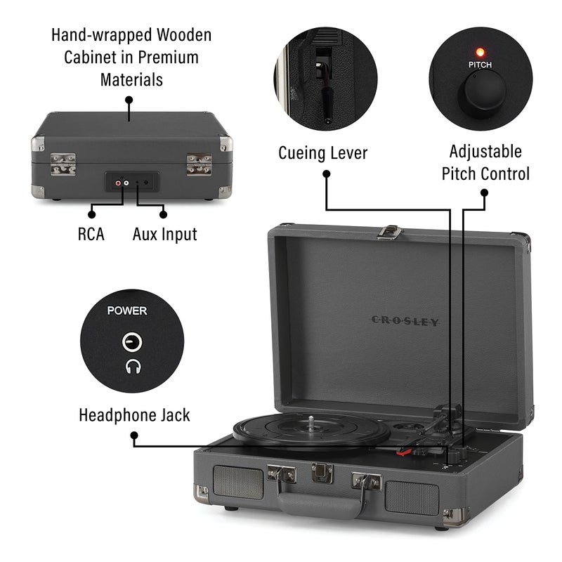 Crosley كروسلي CR8005F-SG كروزر بلس فنتاج مشغل أسطوانات بلوتوث 3 سرعات في/خارج حقيبة، رمادي - Image 3