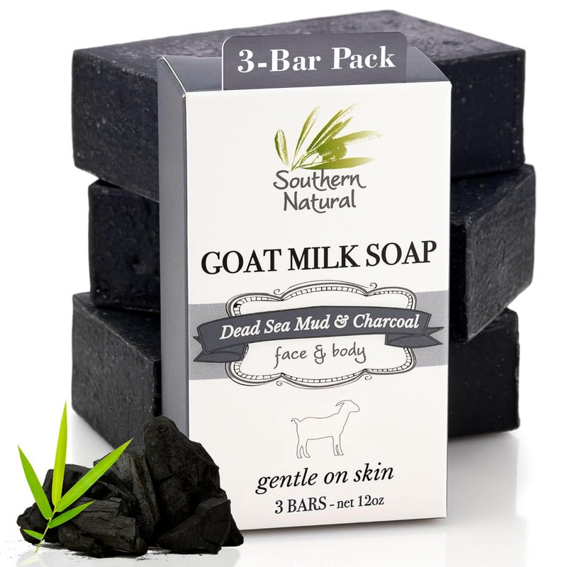 Southern Natural Activated Charcoal Soap Bar (3 Pack) Face and Body Soap For Sensitive Skin With Dead Sea Mud, Goat Milk & Peppermint Essential Oil - Image 1