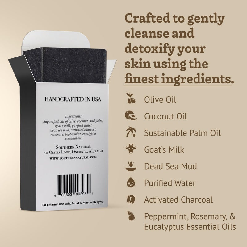 Southern Natural Activated Charcoal Soap Bar (3 Pack) Face and Body Soap For Sensitive Skin With Dead Sea Mud, Goat Milk & Peppermint Essential Oil - Image 5