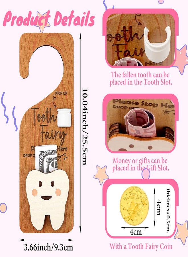 WALLFID 2-in-1 Design Tooth Fairy Door Hanger,Tooth Design Tooth Fairy Tooth Holder with Gift Compartment,Tooth Fairy Gifts Including Tooth Fairy Coins,Ideal for Celebrating Lost Teeth (Wood 1) - Image 2