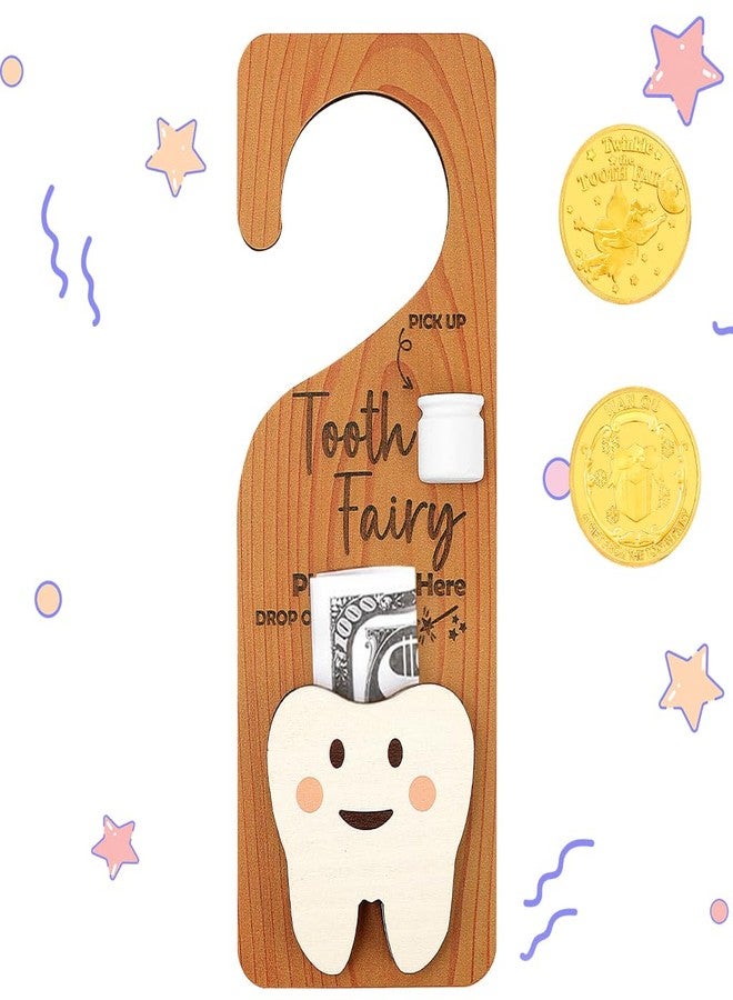 WALLFID 2-in-1 Design Tooth Fairy Door Hanger,Tooth Design Tooth Fairy Tooth Holder with Gift Compartment,Tooth Fairy Gifts Including Tooth Fairy Coins,Ideal for Celebrating Lost Teeth (Wood 1) - Image 1