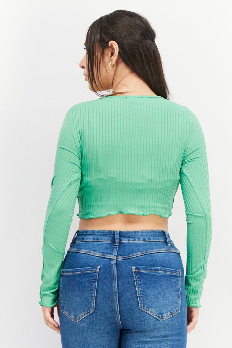 NEW LOOK بلوزة قصيرة ذات أكمام طويلة وياقة قارب للنساء، خضراء - Image 2