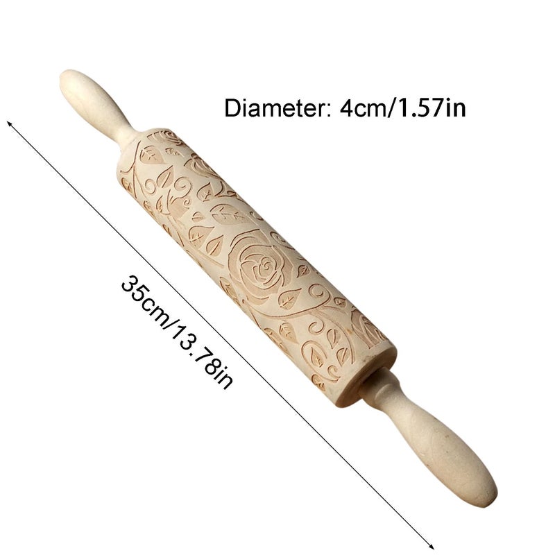 Ragyzity Wooden Embossed Rolling Pin for Baking, Rose Flower Embossed Engraved Carved Rolling Pin, Wooden Roll Pin Laser Engraved Rolling Pin DIY Tool for Making Cookie Dough Crusts Pies Pastry - Image 2